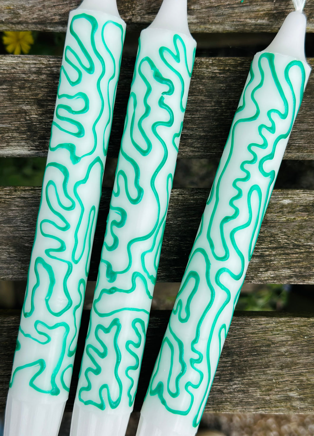 Hand Painted Green Squiggles on Candles