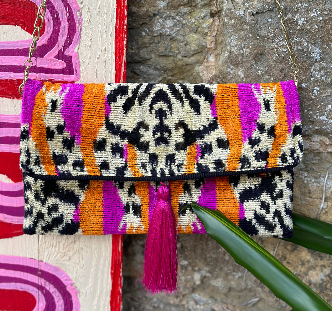 Velvet Ikat Clutch Bag - Pink, Orange Tiger