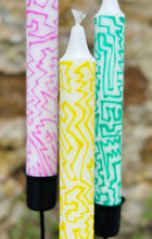 Load image into Gallery viewer, Hand Painted Yellow, Pink &amp; Green Squiggles on Candles
