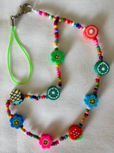 Load image into Gallery viewer, Phone Charm Multi Coloured Polymer Smiley Flowers, Glass Beads &amp; Fruit
