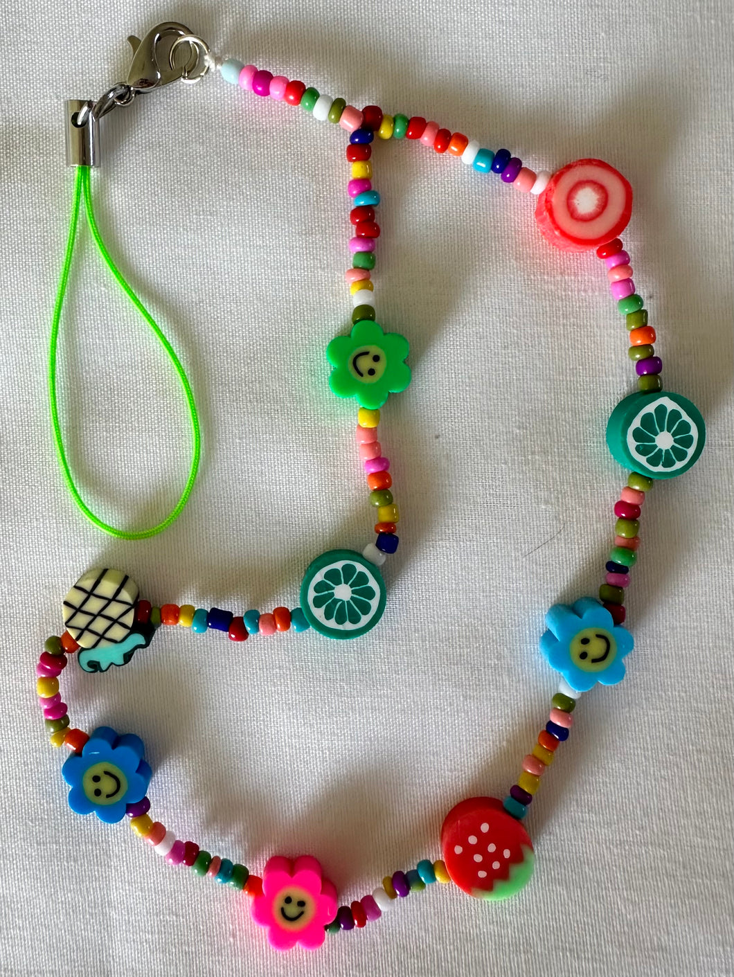 Phone Charm Multi Coloured Polymer Smiley Flowers, Glass Beads & Fruit