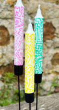 Load image into Gallery viewer, Hand Painted Yellow, Pink &amp; Green Squiggles on Candles
