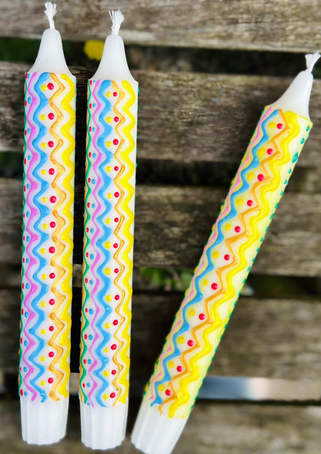 Hand Painted Rainbow Zig- zags on Candles