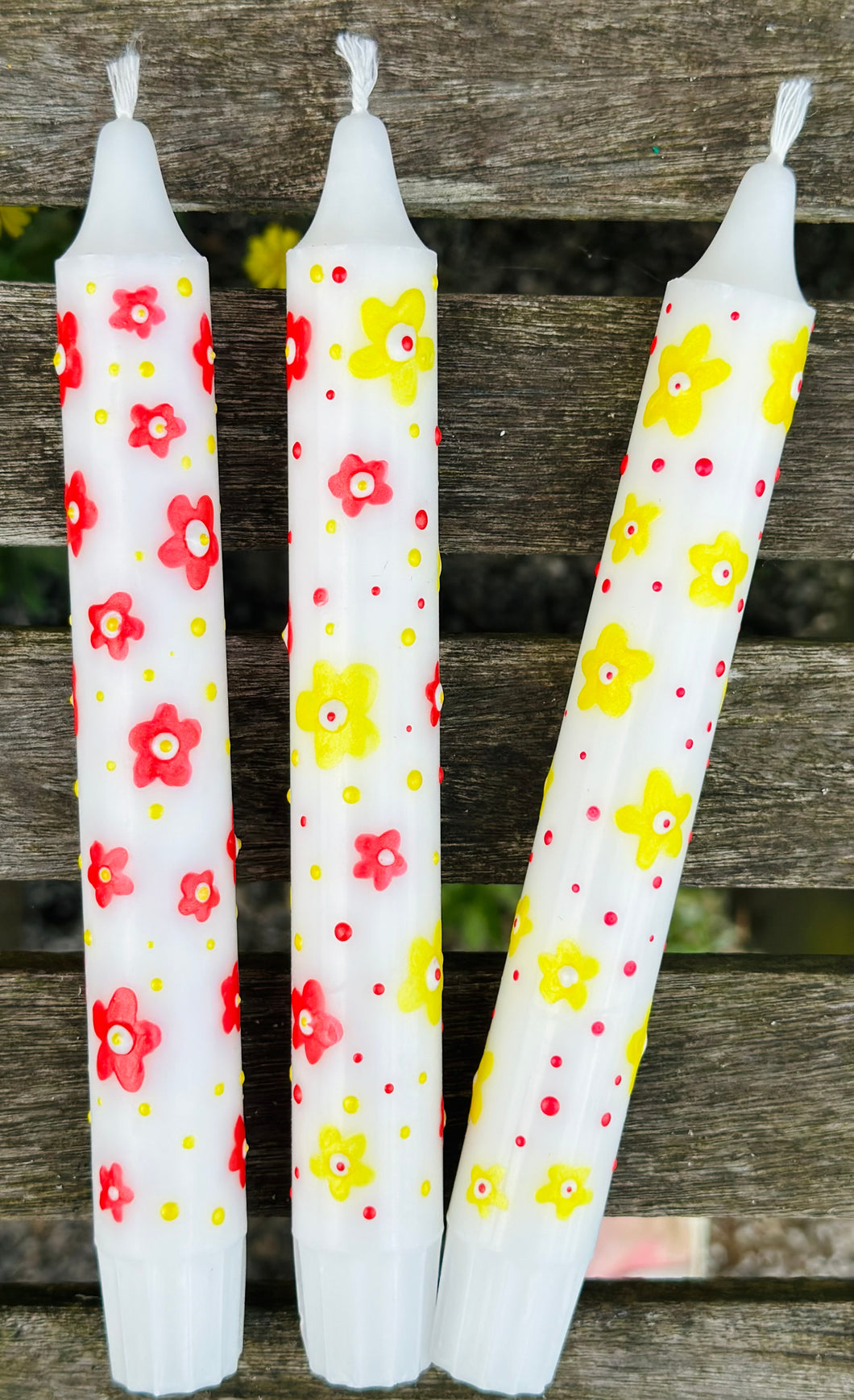 Hand Painted Red & Yellow Daisys on Candles