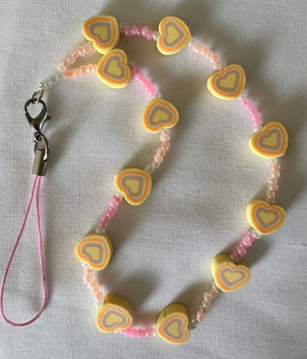 Phone Charm Yellow Polymer Hearts & Pink Glass Beads