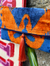 Load image into Gallery viewer, Velvet Ikat Clutch Bag- Orange &amp; Blue Lobster
