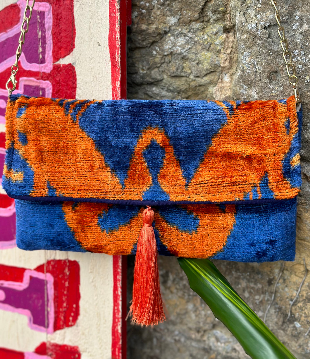 Velvet Ikat Clutch Bag- Orange & Blue Lobster