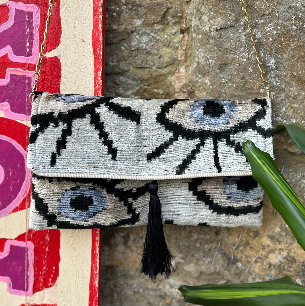 Velvet Ikat Clutch Bag - White Turkish Eye