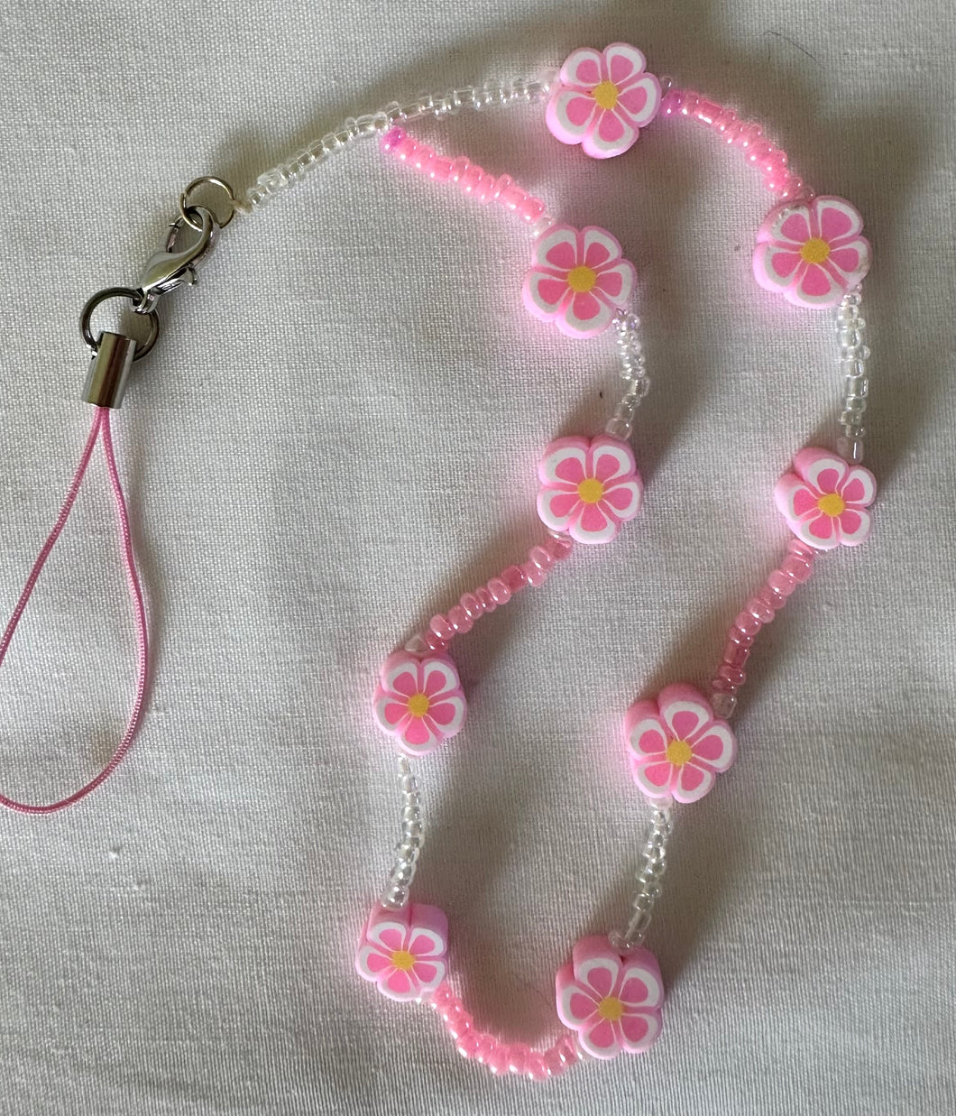 Phone Charm Pink Polymer Flower & Pink & White Glass Beads