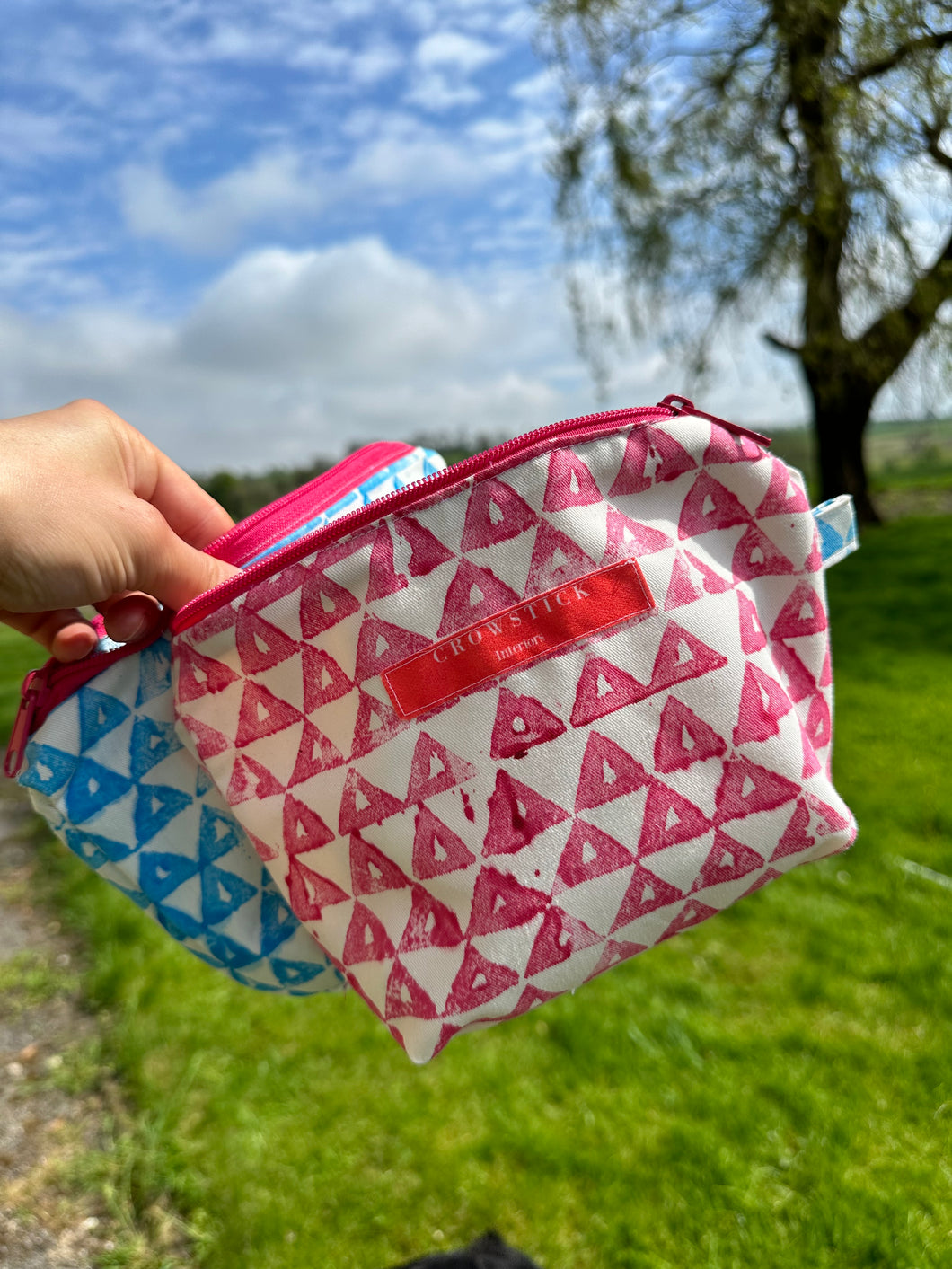 Wash Bag - Hand Block Printed Pink with Pink Zip