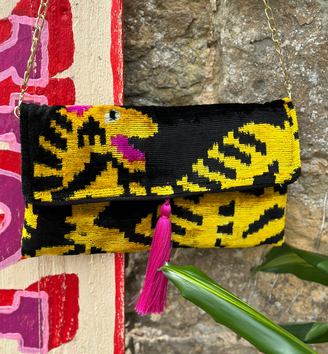 Velvet Ikat Clutch Bag - Tiger & Hot Pink