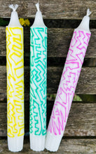 Load image into Gallery viewer, Hand Painted Yellow, Pink &amp; Green Squiggles on Candles
