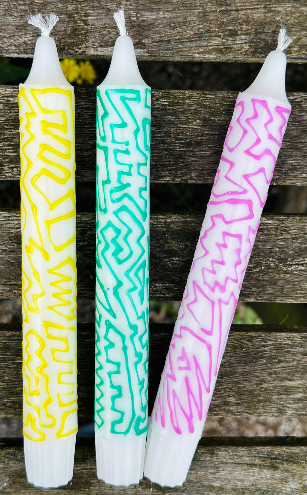 Hand Painted Yellow, Pink & Green Squiggles on Candles