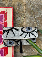 Load image into Gallery viewer, Velvet Ikat Clutch Bag - White Turkish Eye
