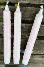 Load image into Gallery viewer, Hand Painted Pink &amp; White Squiggles on Candles
