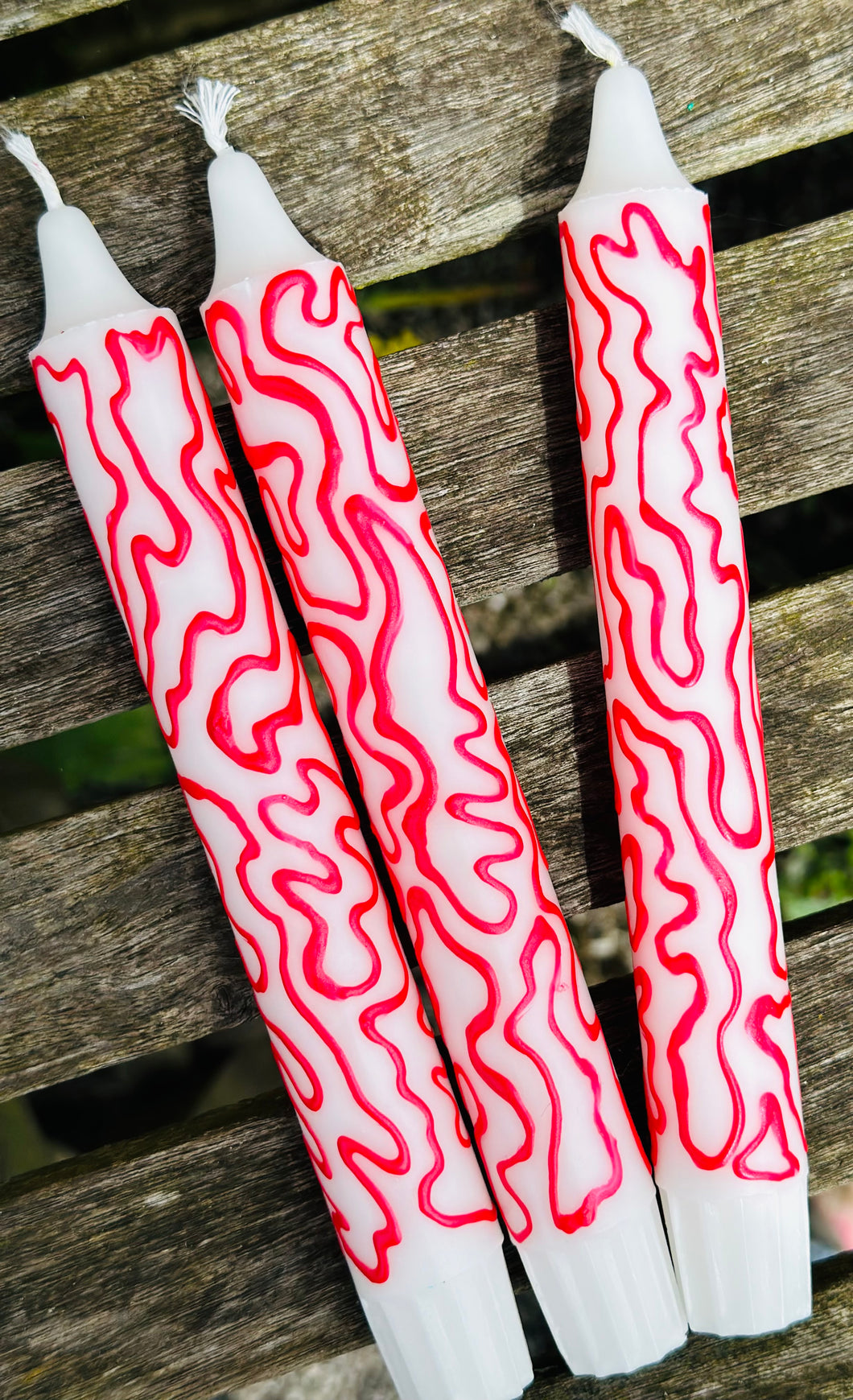 Hand Painted Red Squiggles on Candles