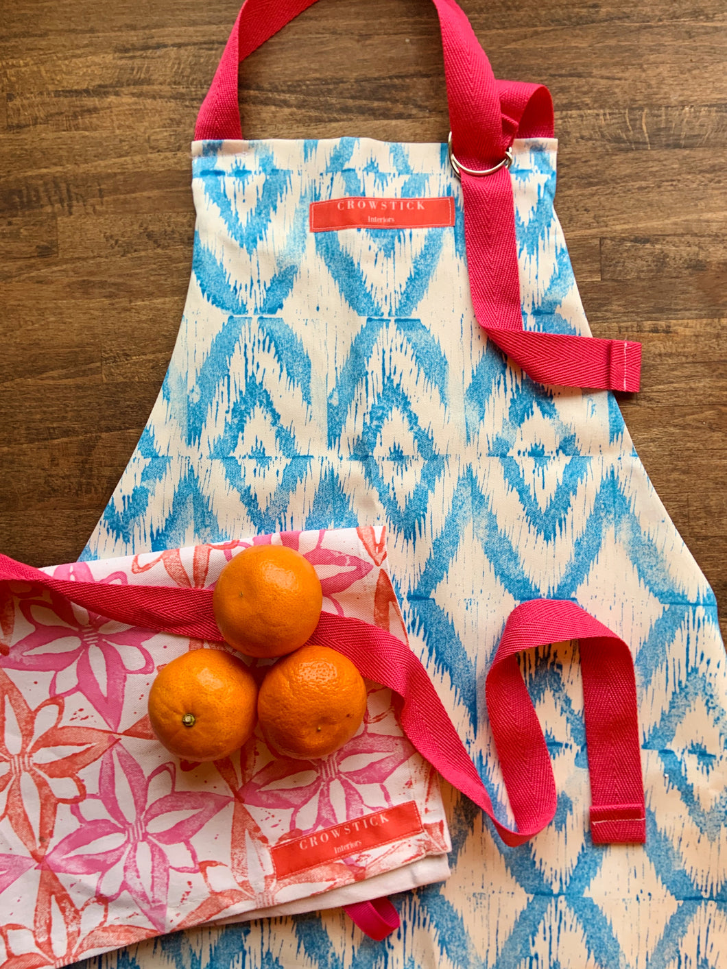 Children's Apron Handprinted Bright Blue with subtle Pink Ties